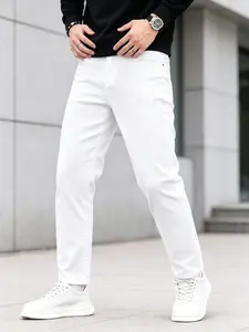 Men's Stretch Slim Solid White Jeans, All-Season Daily Casual Wear, Durable & Machine-Washable Denim, Minimalist Slimming Design, Essential for Commutes & Dates