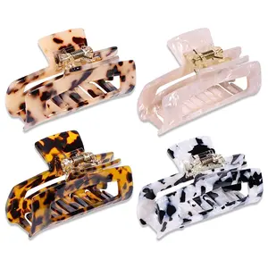 4PCS Hair Claw Clips, Acrylic Hair Banana Barrettes, Celluloid French Butterfly Jaw Clips,Tortoise Shell Grip Pin Teeth Clamp -Leopard print Stylish Hair Accessories for Women Girls,Long Size