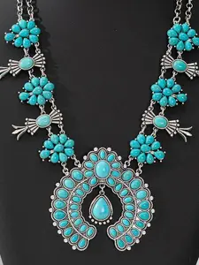 Vintage Boho Style Flower Design Turquoise Decor Jewelry Set Including Dangle Earrings & Necklace, Fashion Jewelry for Party, Daily Clothing Decor, Trendy All-match & Exquisite Jewelry for Birthday Gift