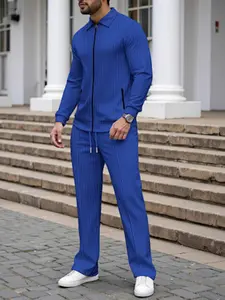 Men's Spring & Fall Waffle Knit Hooded Long Sleeve Jacket and Wide Leg Pants Set, Fitted, Outfit, Casual Sports Leisure Wear, Valentine's Day Gift