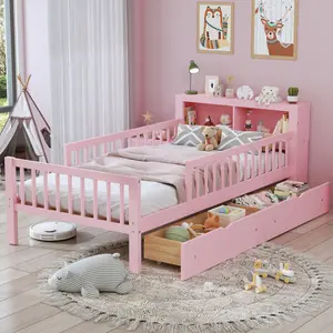 [Bellemave]Twin Size Bed with Headboard Storage Rack, Two Under-Bed Drawers, Three-Side Guardrails for Safety and Security,Pink