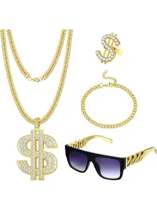 Brilliant 4 Pcs Golden Dazzling Elegant Jewelry Set Fashionable Alloy Jewelry for Women Men 80s/90s Hip Hop Costume Kit Metal Chain Necklace Bracelet Sunglasses Dollar Sign Ring Punk Hip Hop Rapper Costume Jewelry