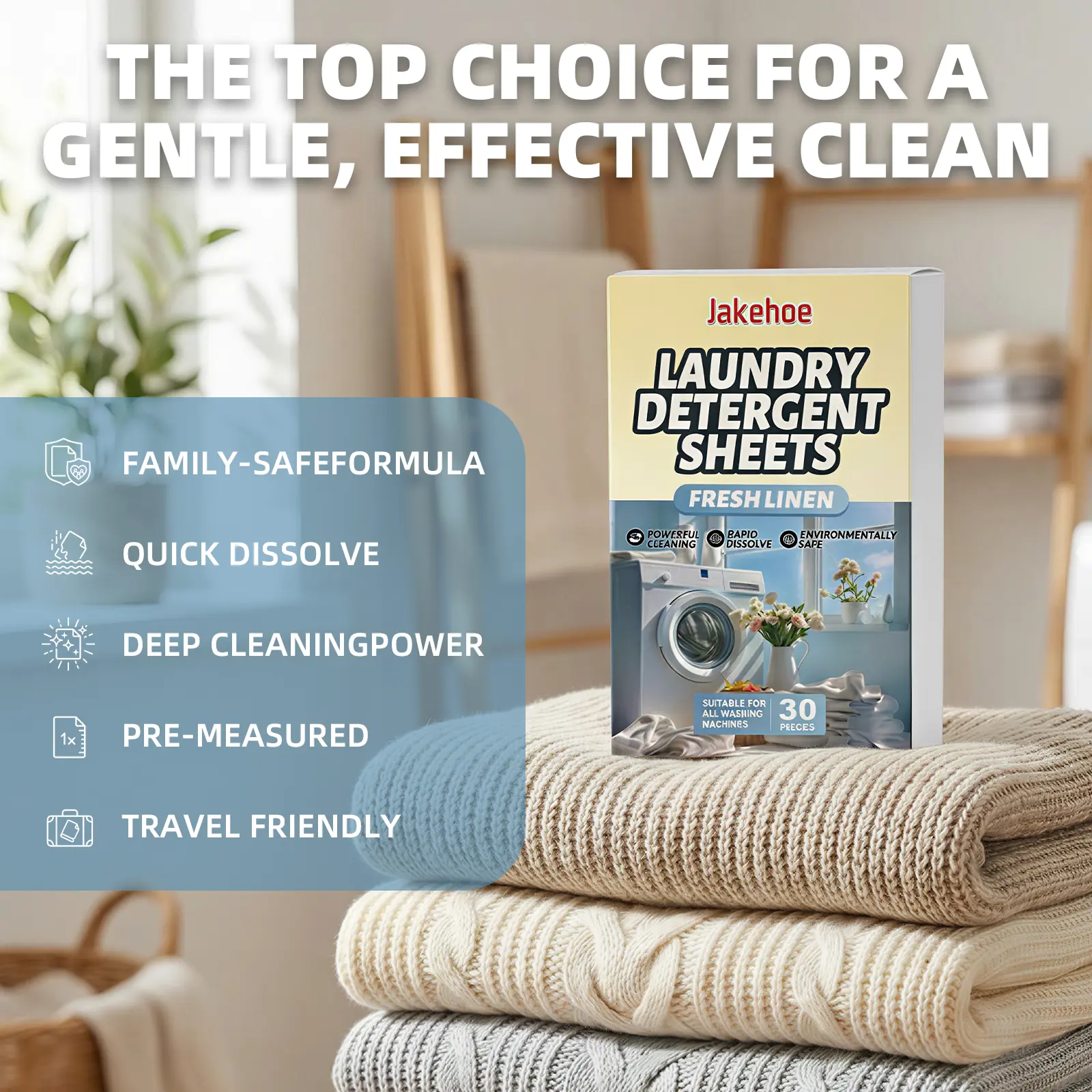 Concentrated Eco-Friendly Laundry Detergent Sheets (30-Count, Compact Form) - No-Additive Stain Removal, 1 Sheet Cleans 8 Clothes, 4-in-1 Clean-Soften-Disinfect-Fragrance, Dissolves Easily, Rich Foam, Long-Lasting Scent, Gentle Fabric Wash