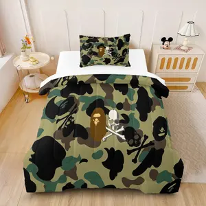 A Bathing Ape Style Camo Comforter Set (2/3 Piece, Includes 1 Comforter + 1/2 Pillowcases), Streetwear Skull & Camouflage Bedding Set for Hypebeast Teens & Adults, Bedroom Decor
