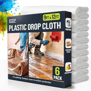 12 x 9 Ft Drop Cloths 6-Pack Plastic Sheeting & Painters Plastic Tarps for Painting, Waterproof Floor & Furniture Protection