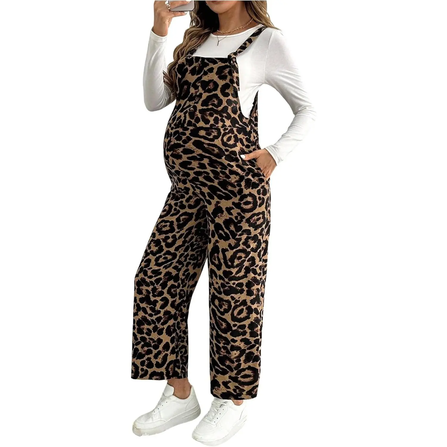Women's Large Leopard Print Spaghetti-Strap Sleeveless Maternity Jumpsuit - Casual Straight Leg Overalls with Pockets, Animal Print Outfit for Everyday Wear, Indoor Leisure Recreation