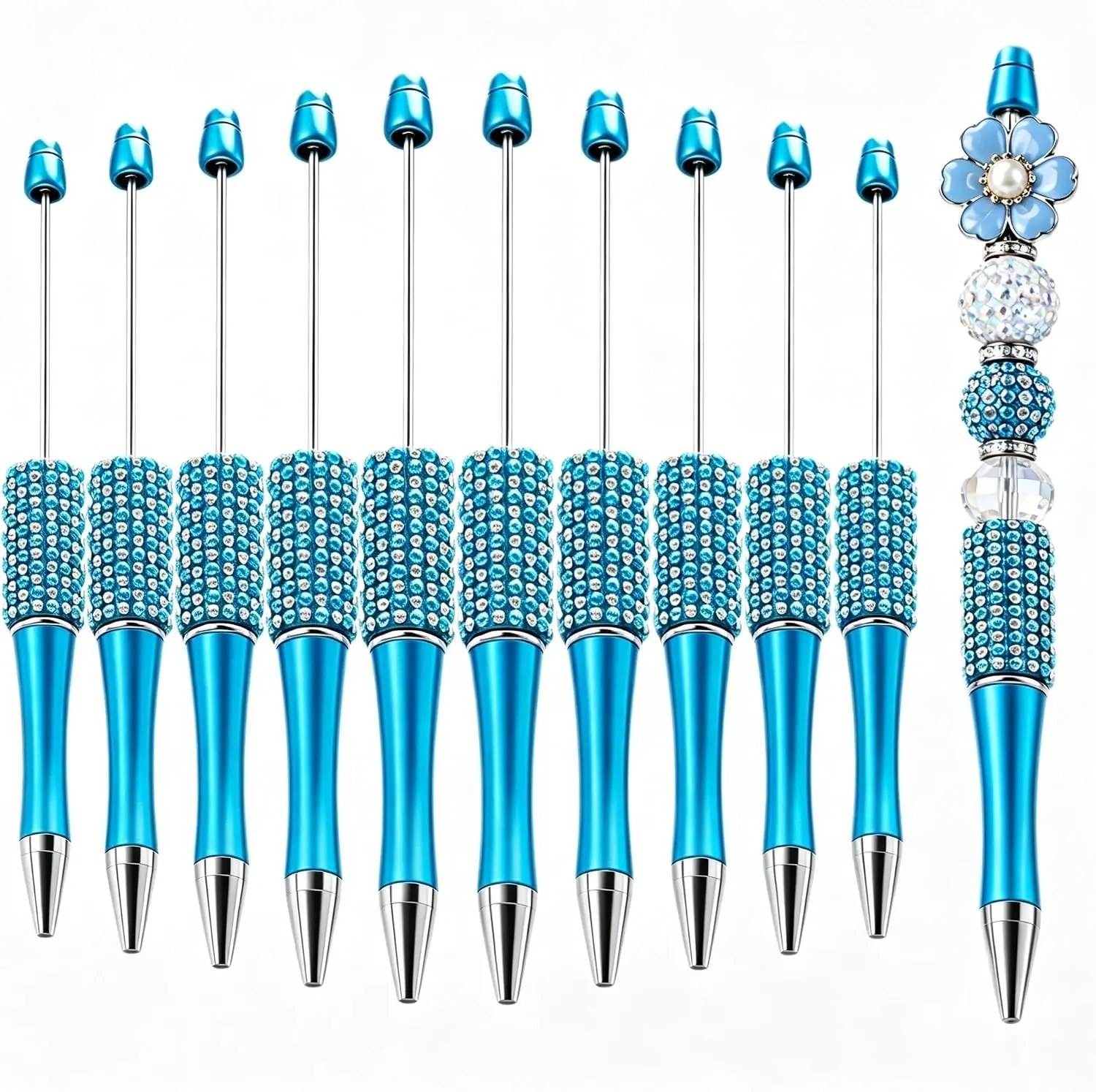 Skyblue Pearl Rhinestone Beadable Pens, 10 Pack for DIY Crafts | DIY-ready rods, sparkly rhinestone barrels, smooth black ink for journaling, teacher gifts, nurse gifts and party favors