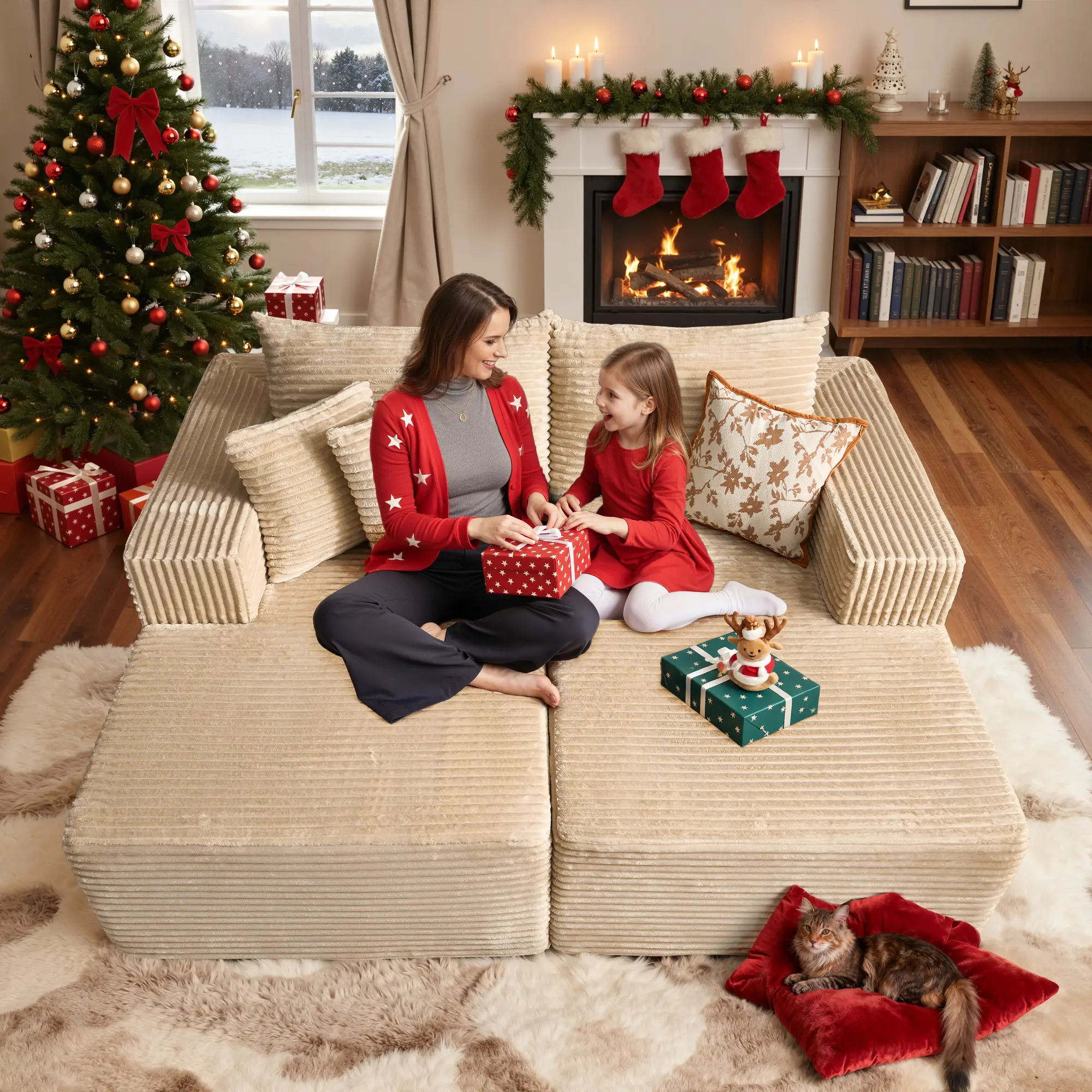 Double Chaise| Beige Plush Corduroy