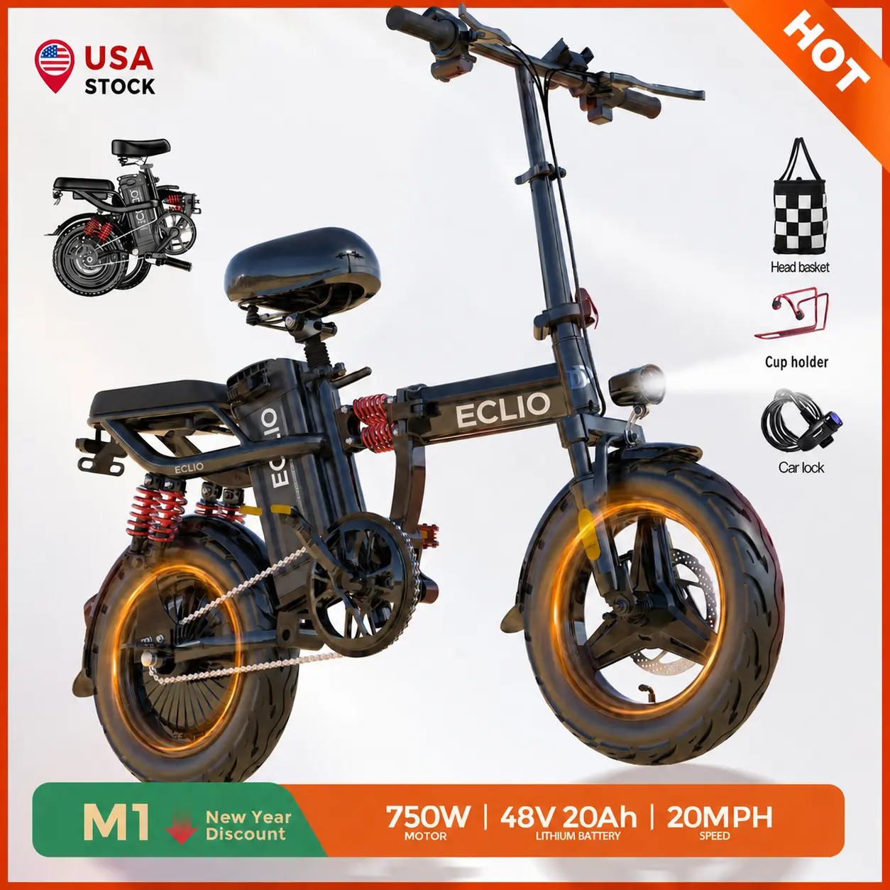 ECLIO M1  Budget Electric Bike for Adults,28MPH And High-performance Folding Ebike with Rearview Mirror, 11 Spring Shock Absorbers and Removable Battery,14-inch Tires, Commuting E-Bike With Basket.Cheap Ebike for gift.bicicleta electrica