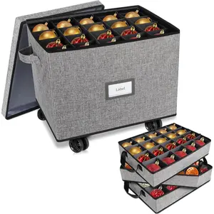 Rolling Christmas Ornament Storage Box, Holiday Ornament Organizer with 3 Individual Removable Trays, Large Capacity Christmas Ornament Box with Tow Rope and Double Handles