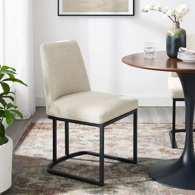 Modway Amplify Sled Base Upholstered Fabric Dining Side Chair in Black Beige