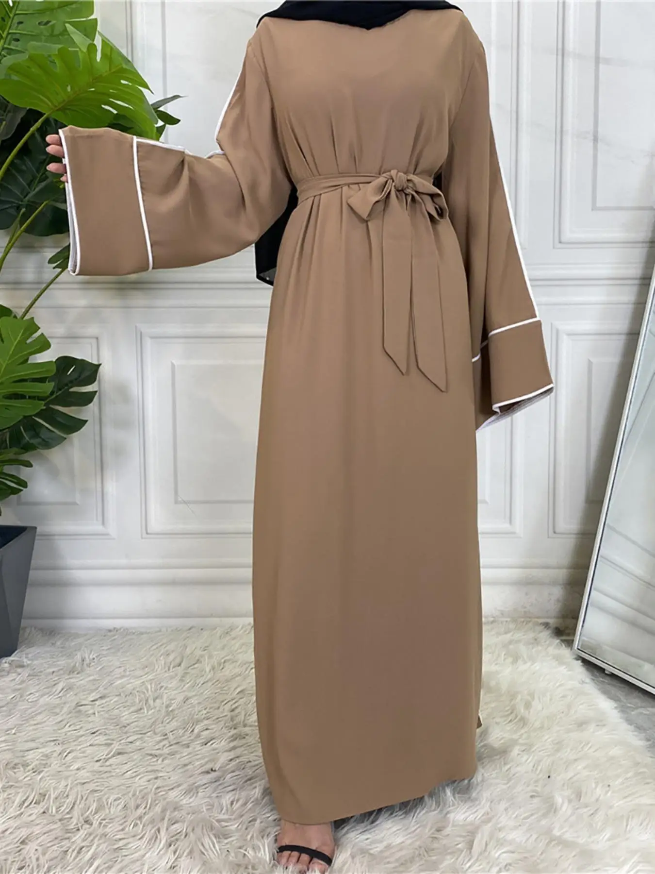 Women's Contrast Binding Belted Kimono Sleeve Dress, Modest Long Sleeve A Line Dress for Spring & Fall, Women's Islamic Clothing for Daily Wear