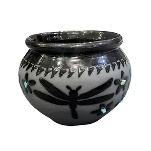 Maria Adelicia Black Pottery Vase – Handcrafted Native American Art with Dragonfly and Flower Motifs, Signed "Maria Adelicia 2023" - Traditional Decor, Decorative Ornaments, Glossy & Matte