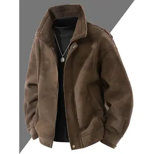 Men's Vintage Casual Suede Jacket, Soft Textured Fabric, Plush Collar & Cuffs, Warm Comfortable Winter Outerwear