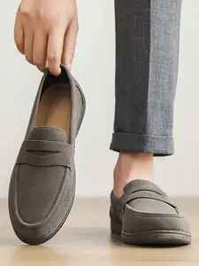 Men's Fashion Casual PU Velvet Leather Slip-On Flat Loafers, Simple Design Round Toe Shoes, Comfortable Business Style for Daily Wear