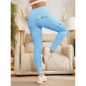 1 Piece High Waist Yoga Leggings with 4 Button Pockets, Butt Lifting and Abdominal Fitness Running 4-Way Stretch Work Pants