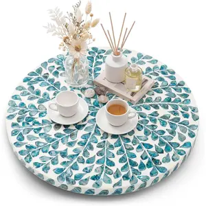Large 16 Inch Mother of Pearl Lazy Susan for Table Top, Rotating Turntable Organizer Centerpiece Wood Round Spinning Tray for Countertop Dining Housewarming Gift (Blue Floral)