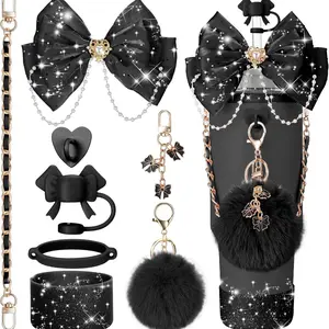 Water bottle accessories: decorative straw caps, cup sleeves, cup chains, Ins bow and sequin pendants, pom-pom charms, and various water bottle decoration sets.