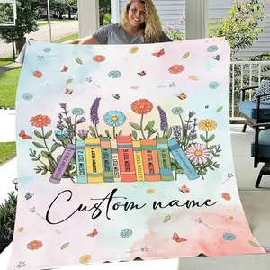 Personalized Flowers And Book Fleece Blanket – Fleece Blanket With Flowers And Book Theme, Personalized Flowers And Book Blanket, Flowers And Book Fleece Blanket, Personalized Book Lover Fleece Blanket