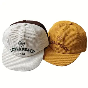 Women'S Lightweight Corduroy Baseball Cap with "LOVE PEACE" Embroidery - Casual Flat Brim Snapback Hat, White with Brown & Beige Accents, Perfect for Spring, Fall, and Winter, Casual Headwear |     Embroidered Cap |     Corduroy Fabric, Z, Z