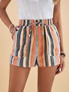 1 Piece Women's Summer Striped Drawstring Linen Shorts, High Waist Loose Casual Wide Leg Pants for Beach Vacation, Boho Bohemian Streetwear, Lightweight Casual Shorts