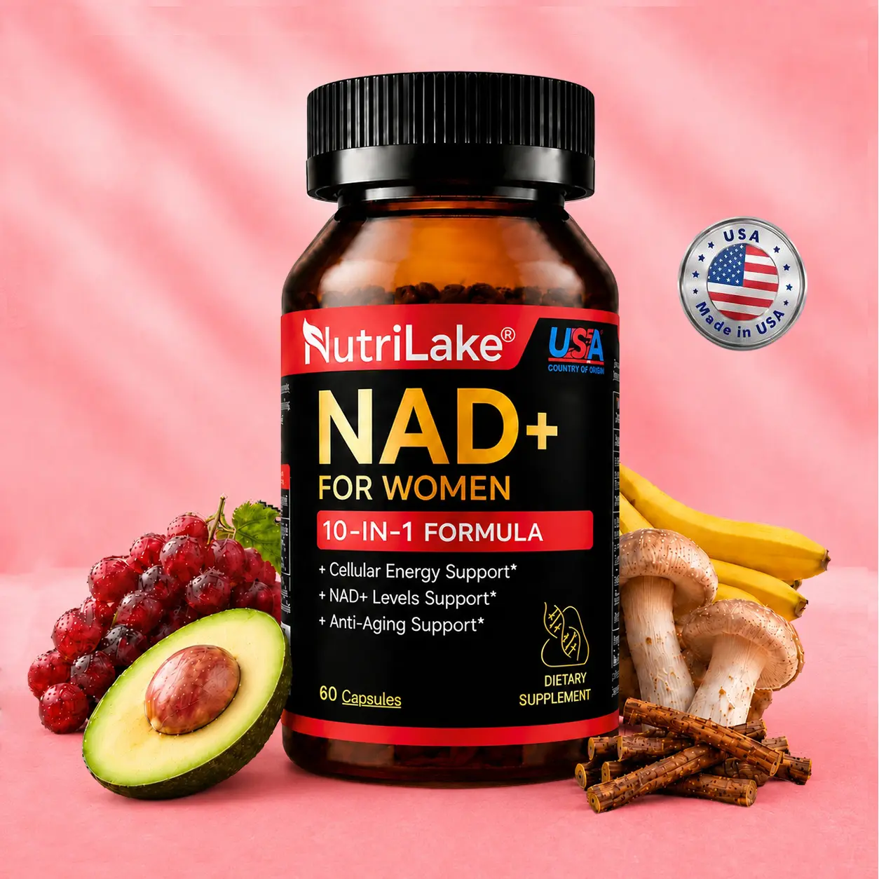 NutriLake NAD+ Supplements for Woman Anti-Aging,Wrinkle Defense Capsules –  Trans-Resveratrol,Ergothioneine-Super Blend,PQQ,CoQ10,Supports Cellular Health,Energy & Skin Revitalization – 60 Capsules Healthcare Nutrition Supplements, Dairy Free, Anti-Oxidan