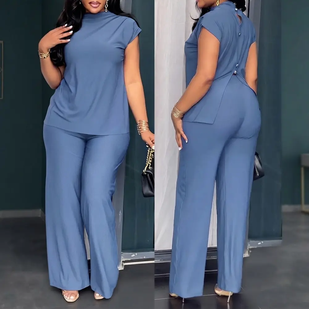 CHICME Women's 2 Piece Set Mock Neck Ruched Open Back Button Slit Top and Wide Leg Pants Casual Outfits with Pockets