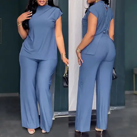 CHICME Women's 2 Piece Set Mock Neck Ruched Open Back Button Slit Top and Wide Leg Pants Casual Outfits with Pockets