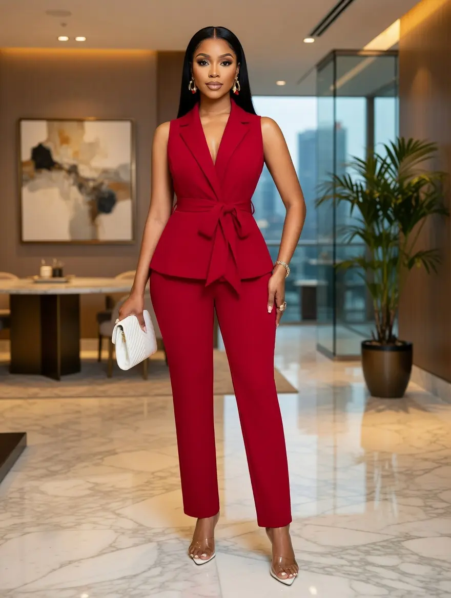JOYPAY Women's Elegant 2-Piece Slim-Fitting Pant Suit - Solid Sleeveless V-Neck Tie Waist Blazer, Flared Trousers, Elastane Blend, Fitted Cut, Modern Office Wear, Wedding Outfit