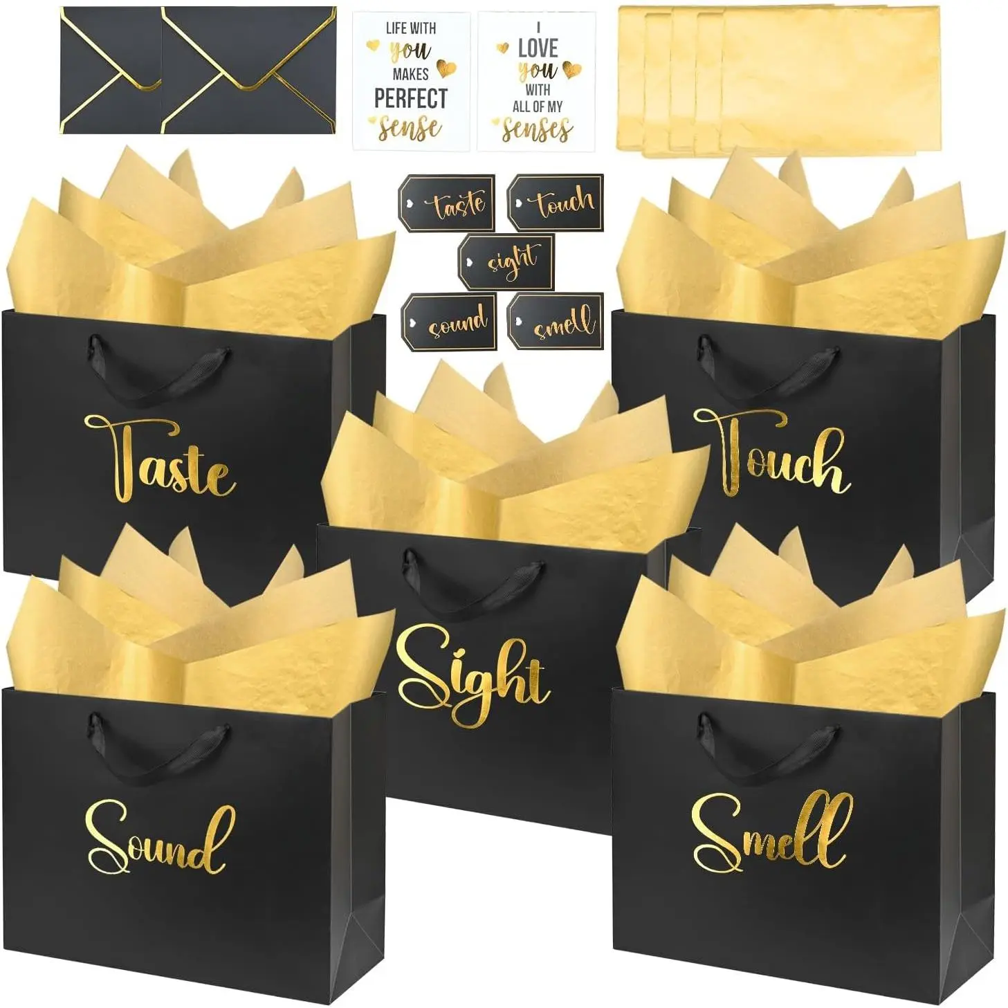13'' Large 5 Senses  Bags for Him Her with Labels Envelopes and Cards,  Foil Sight Smell Touch Taste Sound  Bags with Tissue Handle for Birthday, Anniversary, Mother's Day, Valentine's Day