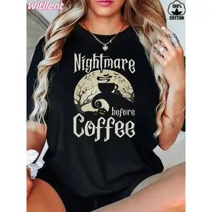 Women's 100% Cotton Nightmare Before Coffee T-Shirt Funny Gifts, Women's Christmas 220g Heavy Cotton T-Shirt (1 PC)