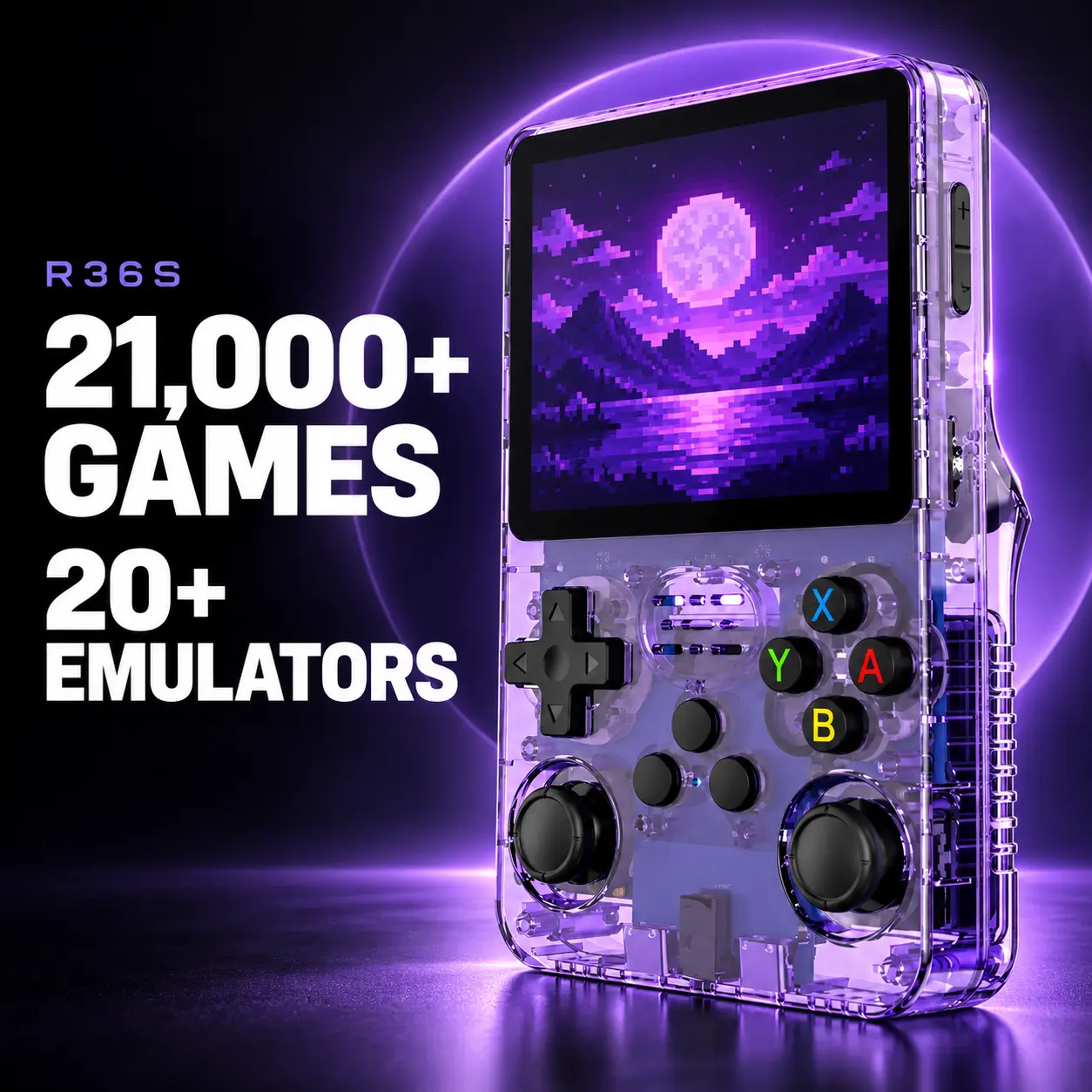 R36S Handheld Retro Game Console with 21,000+ Games, 3.5" IPS Screen, HDMI/TV Output, and Dual TF Card 64 GB System, 20+ emulators - Purple