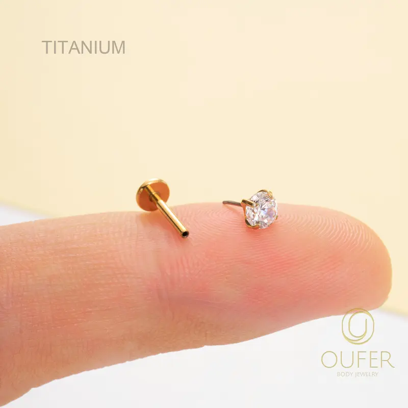 Oufer 16G Titanium Prong CZ Threadless/Push Pin Labret/Tragus/Cartilage/Conch/Helix Flat Back Earring/Nose Stud