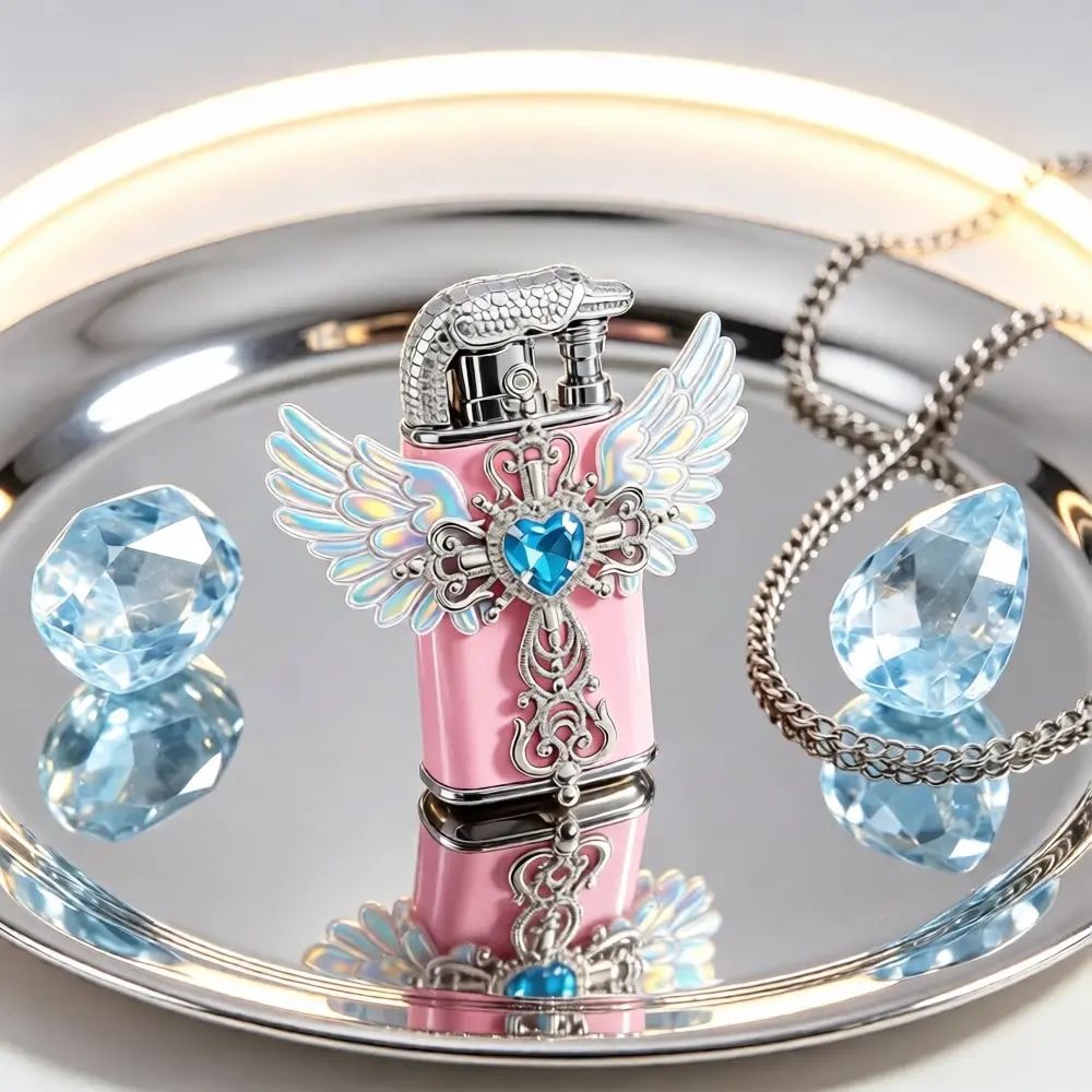 Luxury Crystal Heart Lighter for Women, Elegant Pink Wing Design Fashion Accessory, Unique Gift for Valentine’s Day & Special Occasions