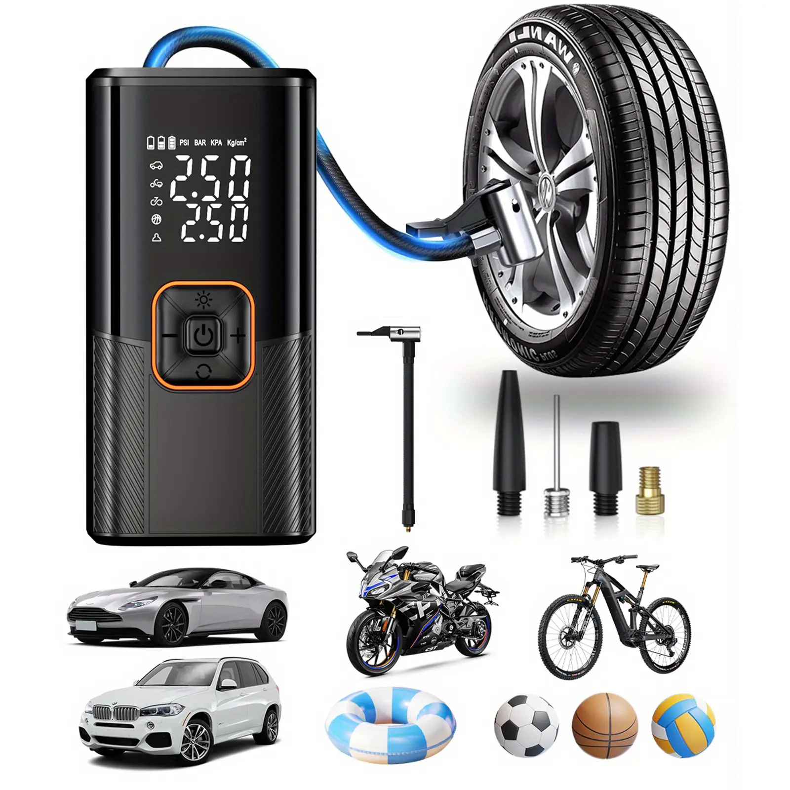 Wireless Electric Tire Inflator Pump with Digital LCD Display - Fast Inflation, USB-C Portable Air Compressor, 150PSI Max Pressure, for Car, Bike, Motorcycle, Ball, Rechargeable Battery, Cordless Inflator, Vehicle Tire Inflator, Tire Inflator Tool
