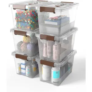6-Pack Clear 7 Quart Storage Latch Box/Bins, Plastic Stackable Latching Box with Brown Handle and Lid, Multi-Purpose, 7 Litre Organiser Room