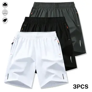 Men'S 3 Piece Set of Casual Sports Shorts, Solid Color Breathable Quick Dry Style with Zipper Pockets and Drawstring Waist, Ideal for Outdoor Activities and Fitness Training, Reflective Strip Design