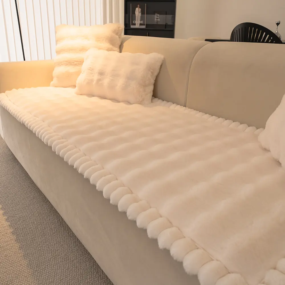 Warm Rabbit Fur Sofa Cushion, Non-Slip Pure Color Washable Sofa Cover, Dustproof Furniture Protector for Bedroom Office Living Room Decor