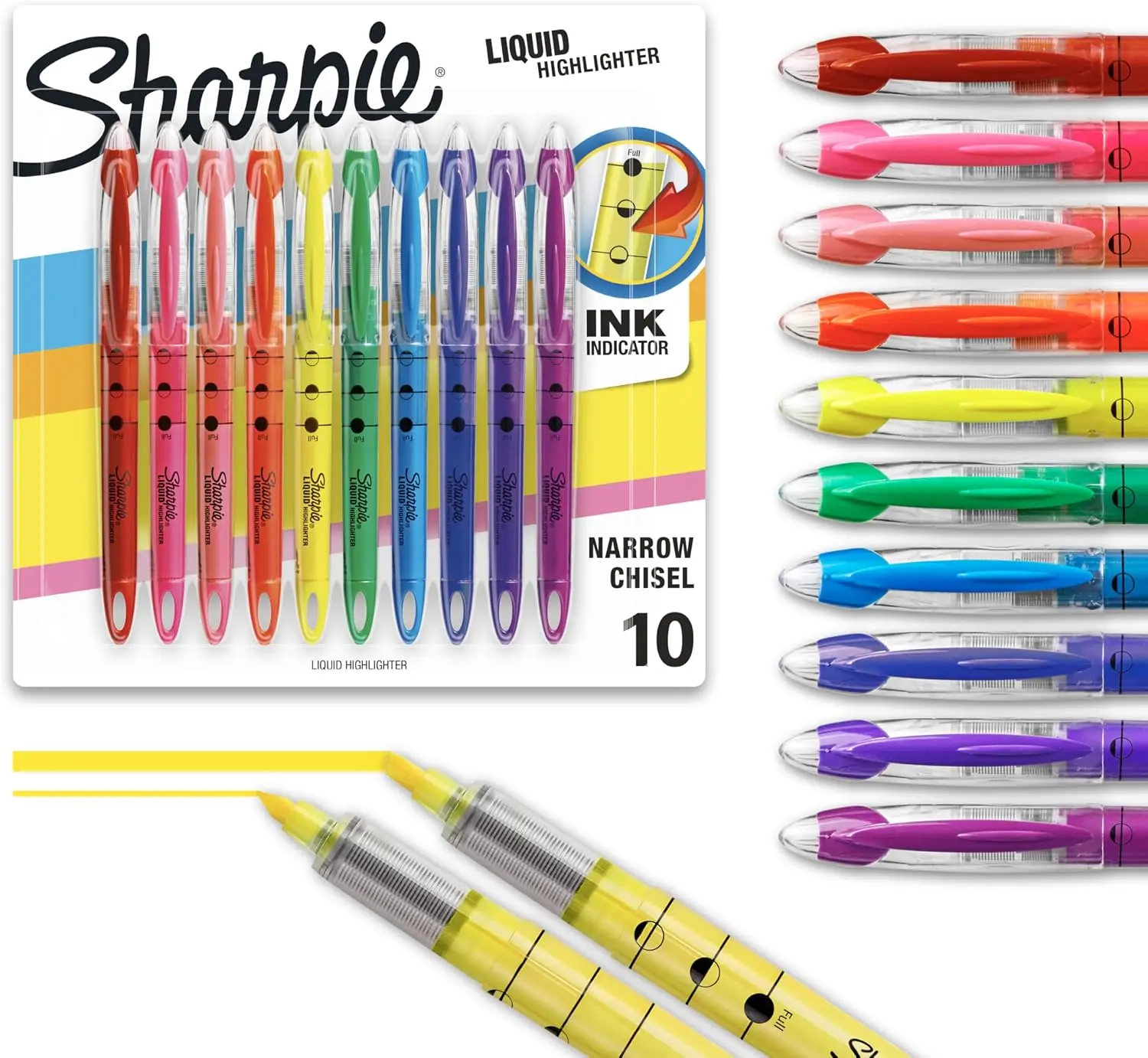 10-Count Colorful Set Liquid Highlighters with Chisel Tip, Assorted Colors, Stationery Supplies for Journaling, School Use