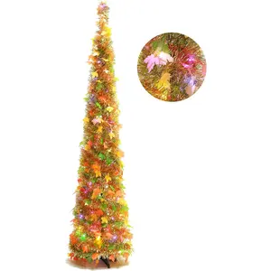 5FT Artificial Maple Tree Fall Decor with 100 Lights Thanksgiving Pop Up Tinsel Tree for Thanksgiving Christmas Holiday  Party Decoration (Yellow)