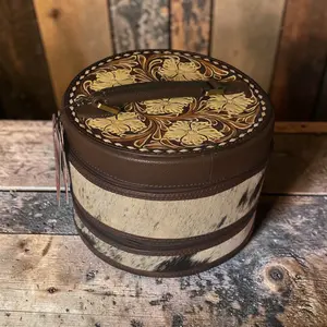 Hand Tooled Jewelry Box with Floral Design, Brown and White Color, Plenty of Room for Gems, Handcrafted and Painted