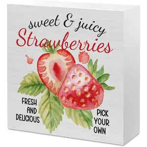 Strawberry Kitchen Decor Strawberry Decorations for Home Farmhouse Bathroom Shelf Office Classroom Wooden Sign Signage Desk Decor 5x5 inch