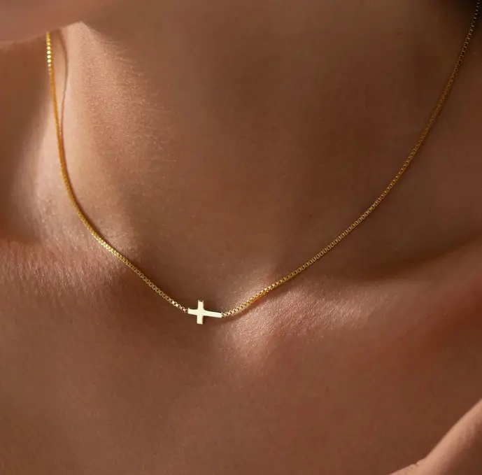 AMICON minimalist sideway cross necklace, delicate gold collarbone chain, 2026 timeless pick—wear quiet faith close to heart, or gift it as a gentle reminder of love and hope.