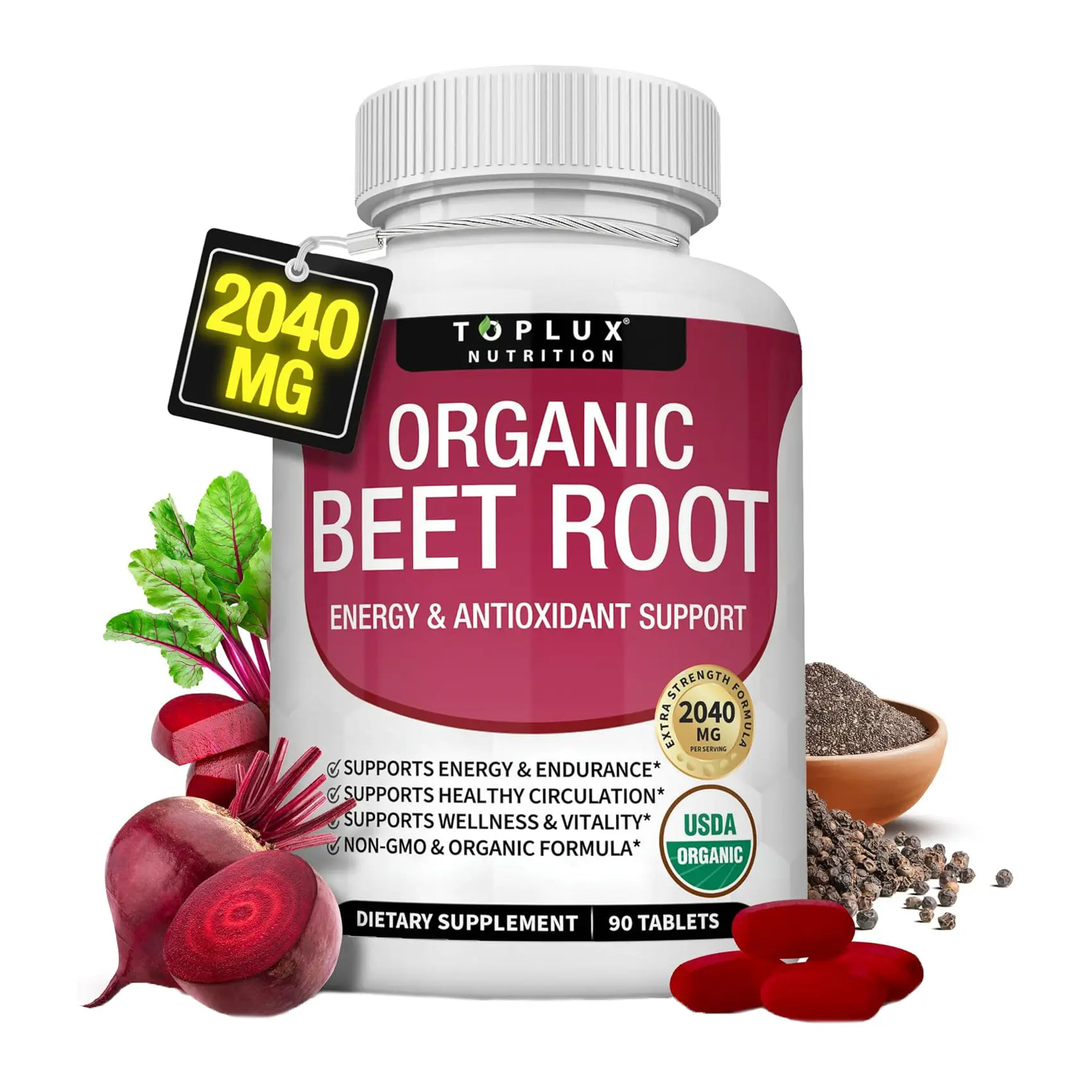 Toplux Organic Beet Root Powder Tablets - 2040mg Natural Nitric Oxide Beets to Support, Energy, Black Pepper Better Absorption, Non-GMO, for Men Women, 90 Tablets