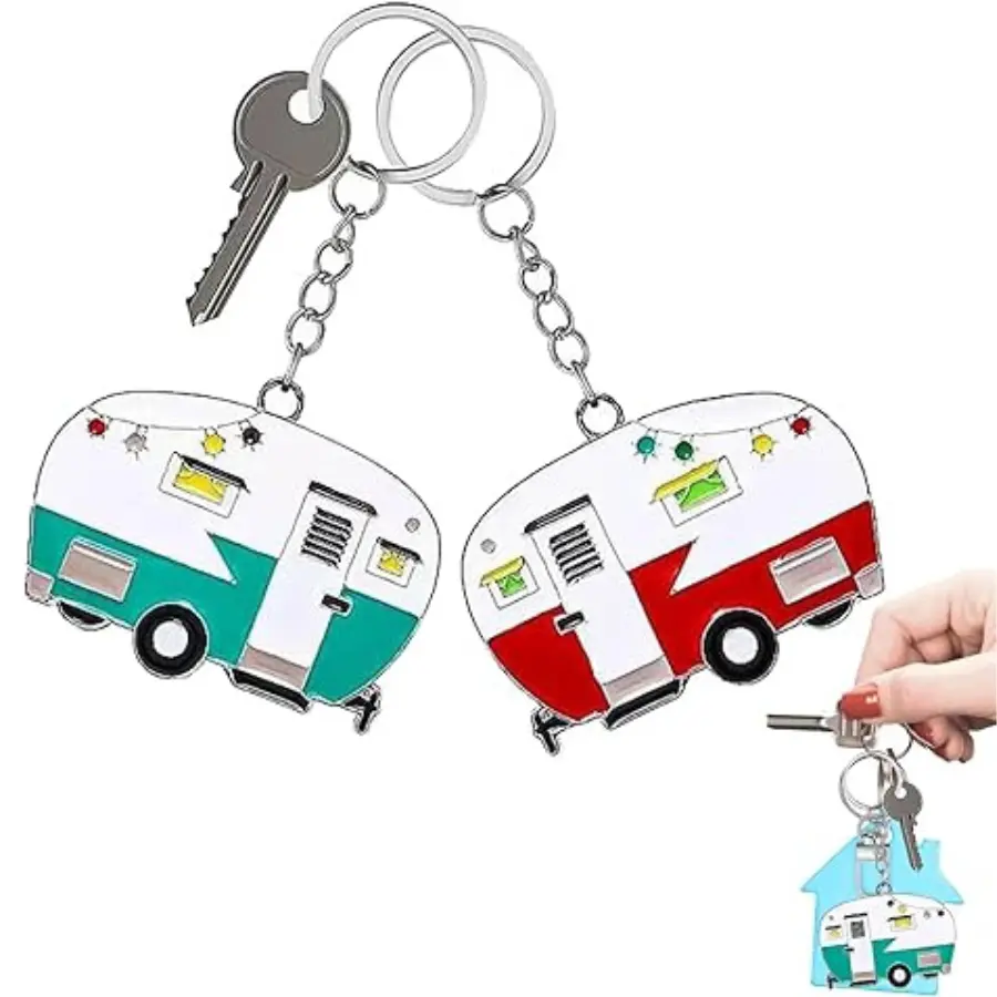 2 Pack Camper Keychain Set Happy RV Camper Keyring Couples Camping Accessories for Men Women Travel Trailers