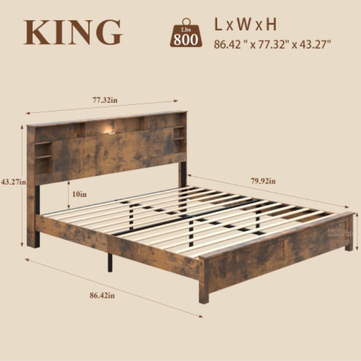 Queen Bed Frame with Mattress, Storage Bookcase Headboard with Charging Station & LED Lights, Platform Bed, No Box Spring Needed, Dark Brown – Cama queen con colchón