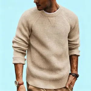 Men's Waffle Knitted Crewneck Pullover Sweater - Raglan Sleeve Knitwear