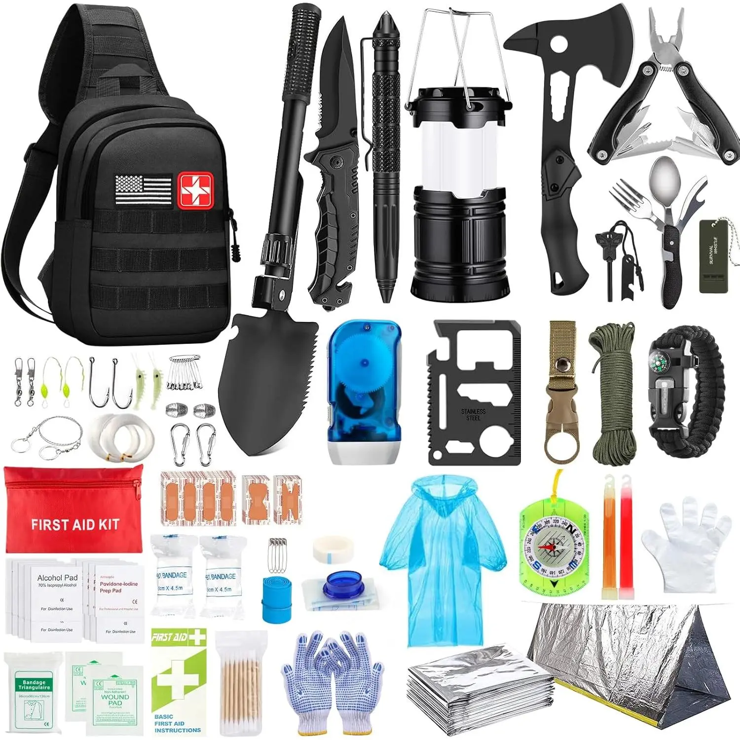 151-Pcs Nylon Emergency Survival Kit with Outdoor Survival Supplies, Medical Supplies, Hiking Gear, Trauma Care Items, Tactical Flashlight, Knife, Pliers, Pen, Blanket, Bracelets, Compass, Fishing Tools for Camping, Earthquakes, Survival Equipment