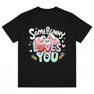 Somebunny Loves You 100% Cotton T-Shirt – Cute Easter Bunny Graphic Tee, Colorful Heart & Carrot Apparel, Perfect Spring/Easter Gift for Kids & Family, Trendy Casual Daily Wear Top