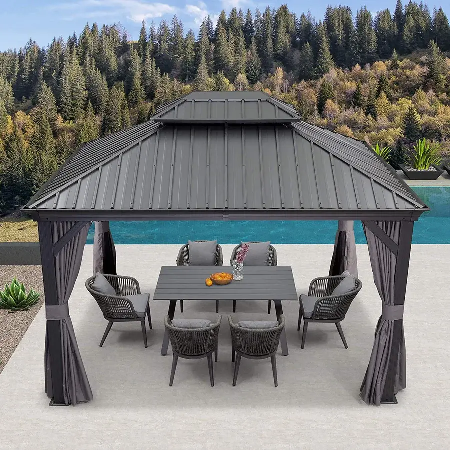 PURPLE LEAF 10' x 13' Patio Gazebo For Backyard | Hardtop Galvanized Steel Frame With Upgrade Curtain | Grey